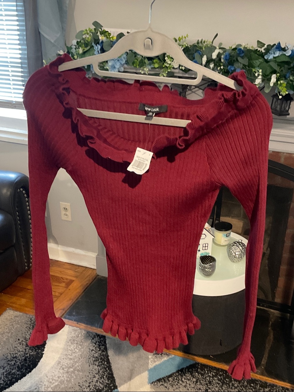 New Look Ribbed Ruffle Off-Shoulder Top - Wine - Picture 3 of 5